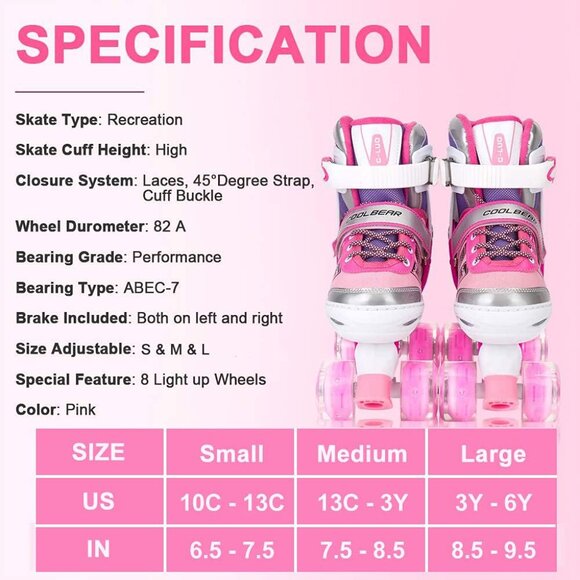Sowume Kids Pink Adjustable 8 Wheels Shine Safe And Fun Illuminating Skates - Picture 4 of 7